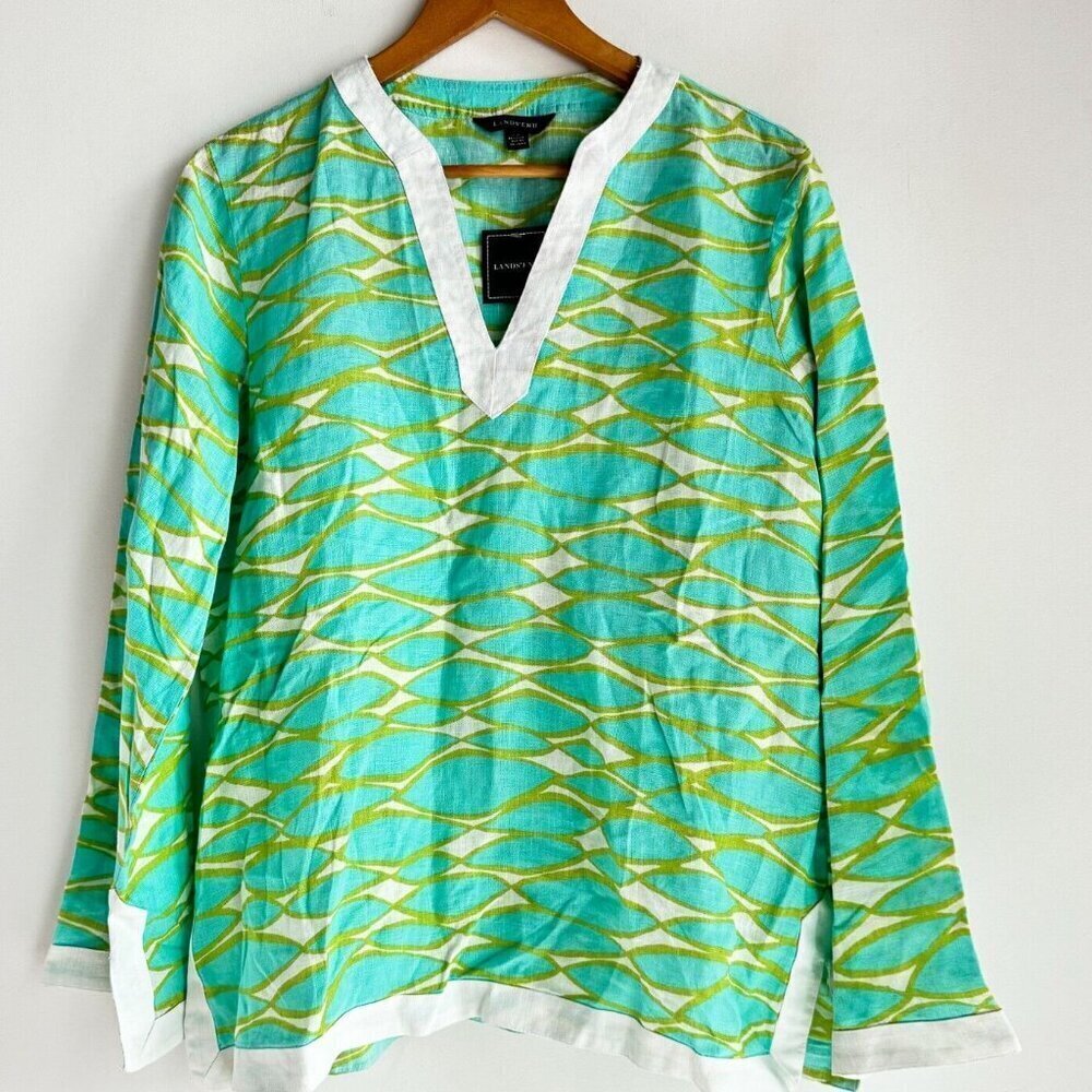 Lands End Linen Blue Green Relaxed Fit Top L